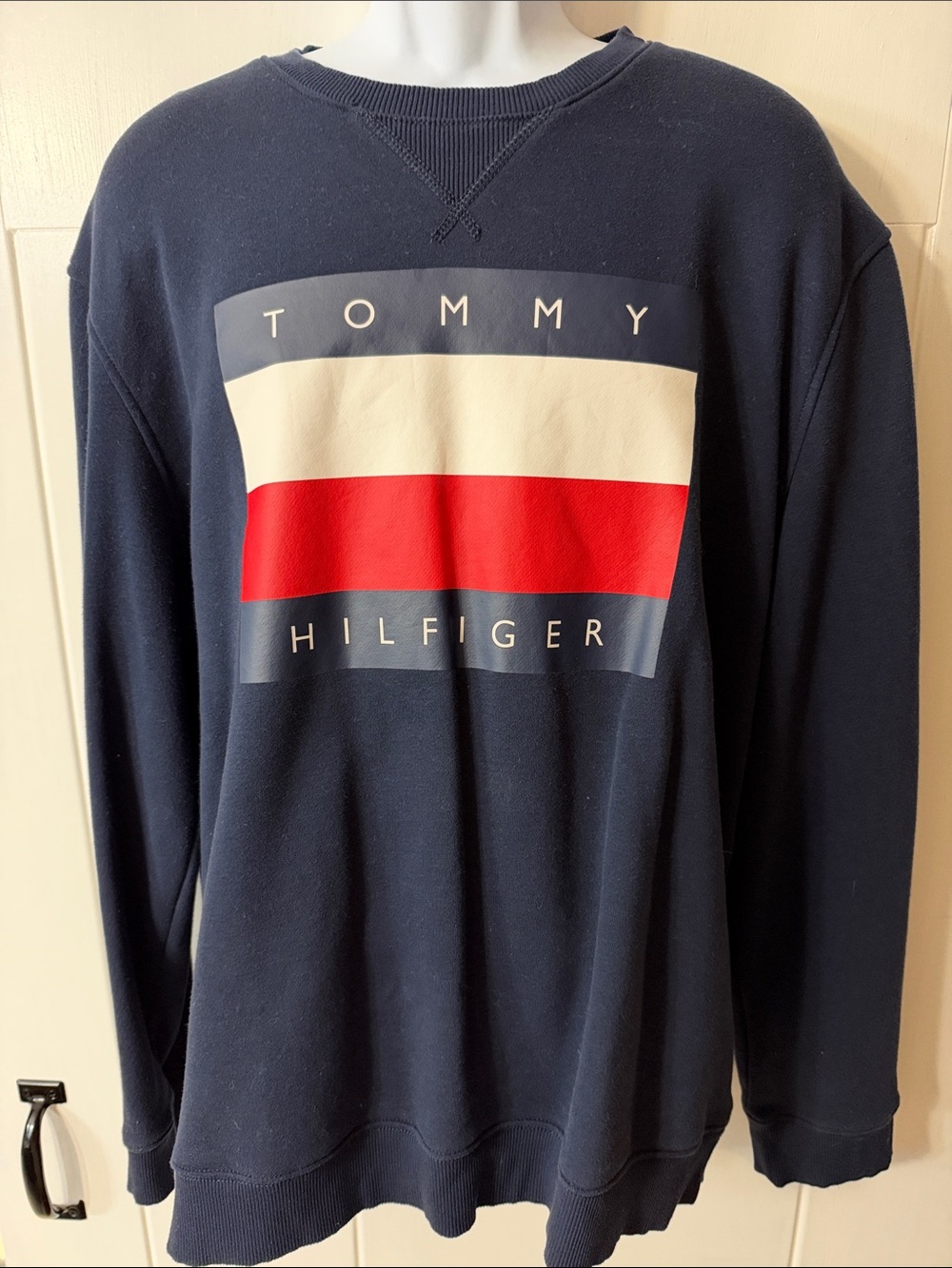 Tommy Hilfiger Navy Crewneck Sweatshirt with Red and White Logo